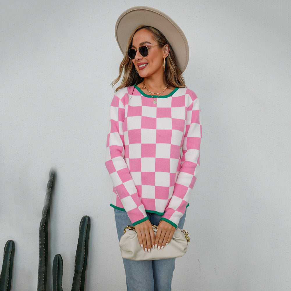 Damen Pullover Checkerboard Muster Grau Eveloria