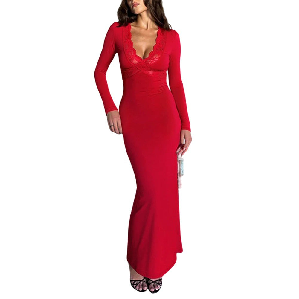 Damen Maxikleid mit V-Ausschnitt Spitze Eveloria