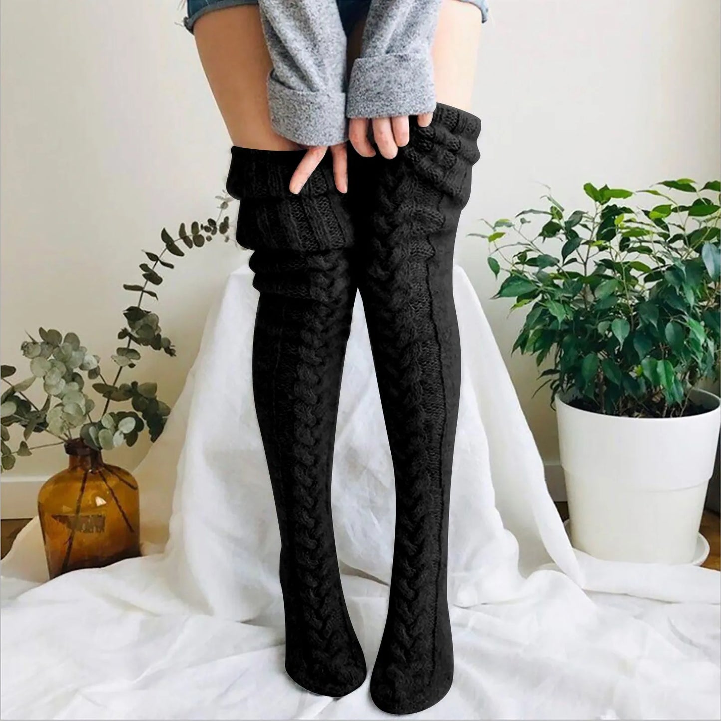 Damen Strick Overknee Socken Warm Weich Zopfmuster