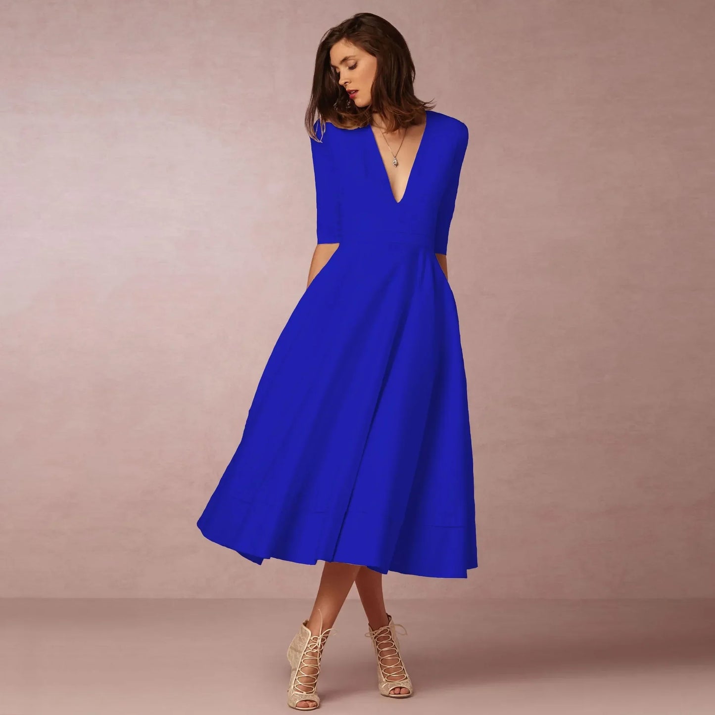 Damen Hochzeitsgastkleid V-Ausschnitt Midi