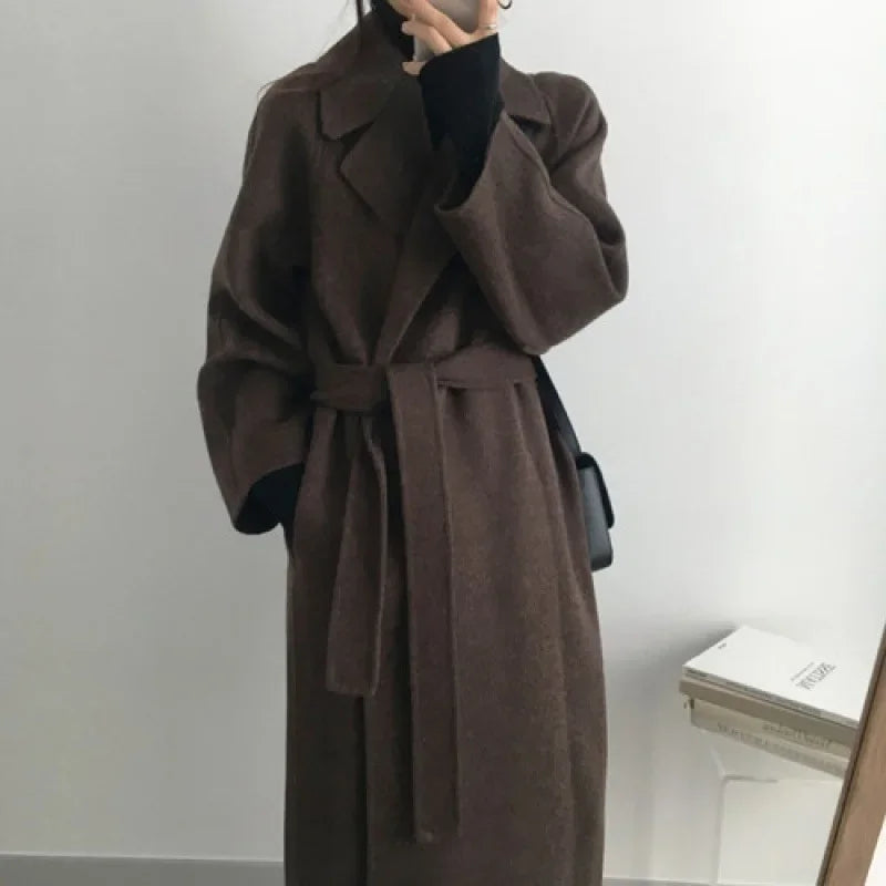 Damen Mantel Lang Warm Gürtel Weite Ärmel