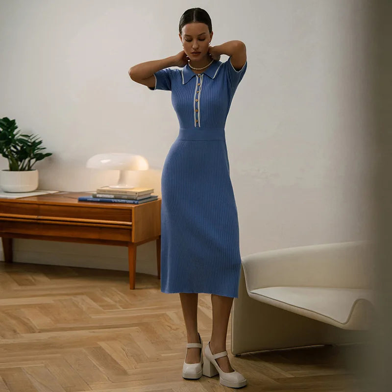 Eveloria Damen Kleid Gerippt Kontrastkragen