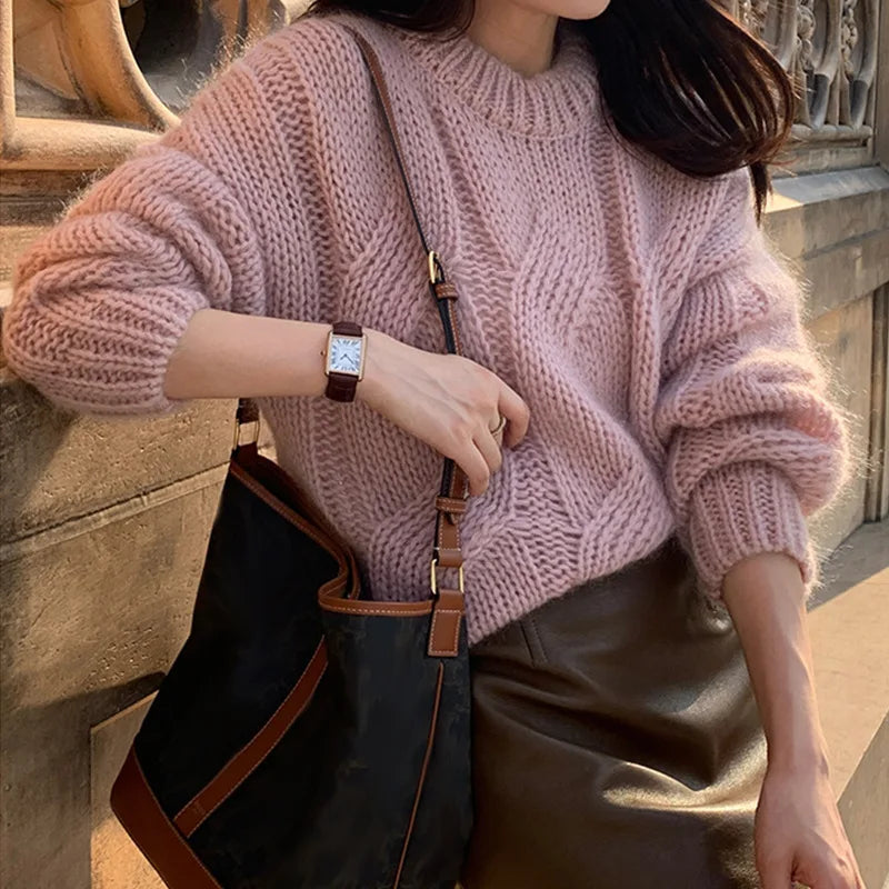 Eveloria Damen Oversized Wollpullover Zopfmuster Langarm Beige