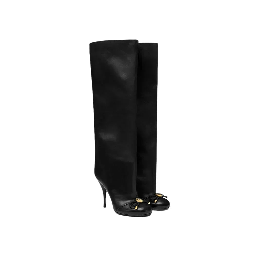 Damen Lederstiefel Stiletto Goldene Details