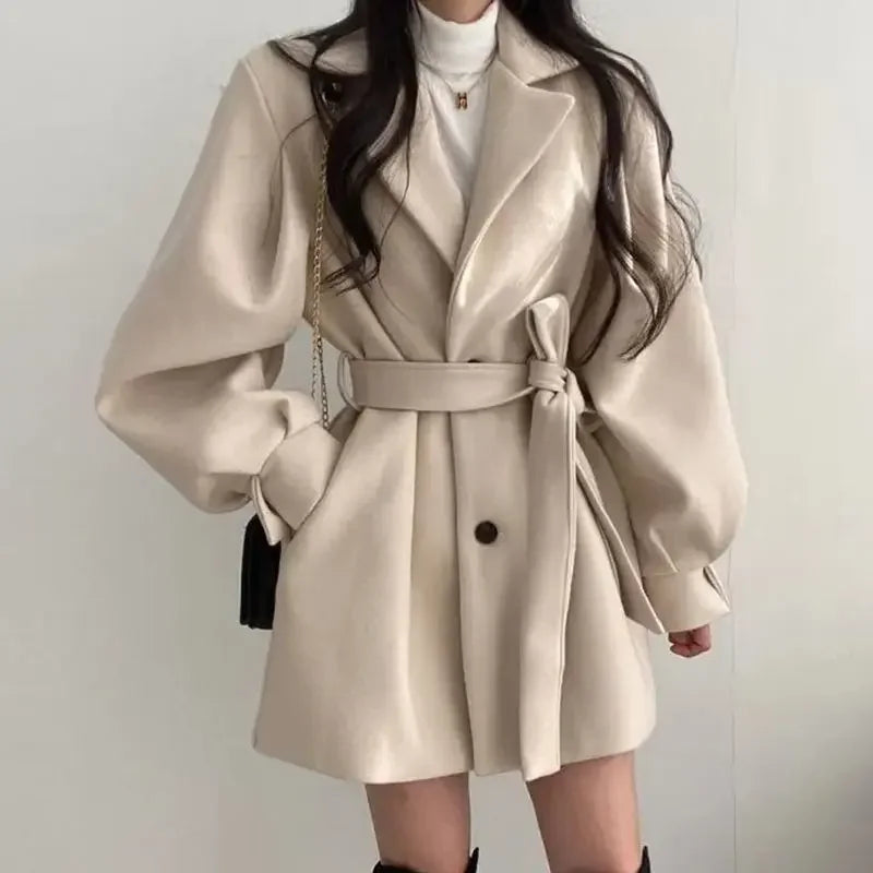 Damen Trenchcoat Puffärmel Bindegürtel
