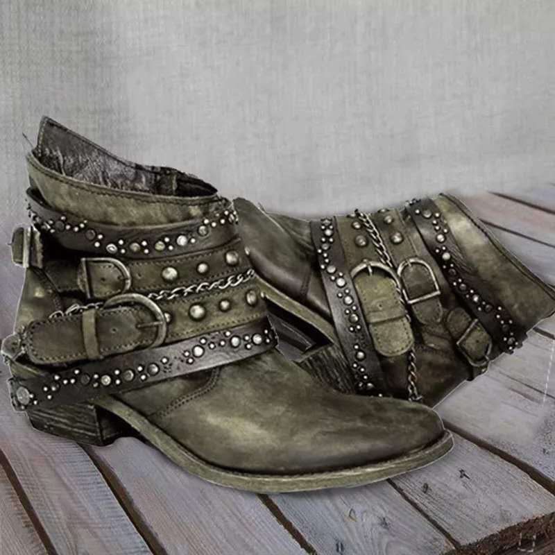 Eveloria Damen Knöchelstiefel Leder Western-Design Niedriger Absatz