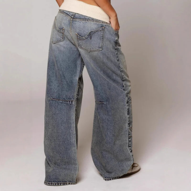 Damen Baggy Jeans Weites Bein Niedriger Bund