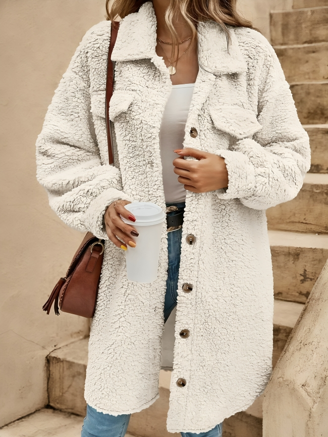 Damen Teddy Mantel Knöpfe Taschen Braun