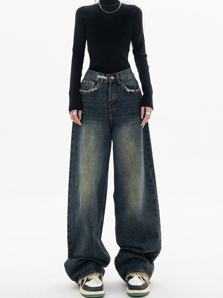 Damen Weite Jeans Gewaschener Denim