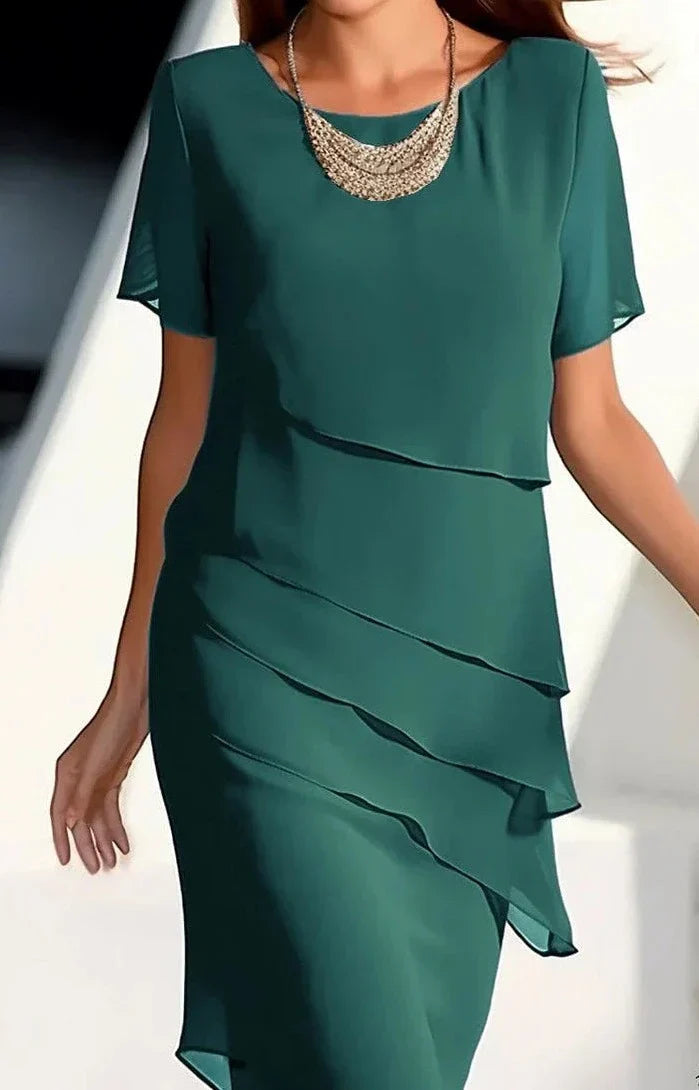 Damen Midikleid Rundhals Tailliert Volantärmel