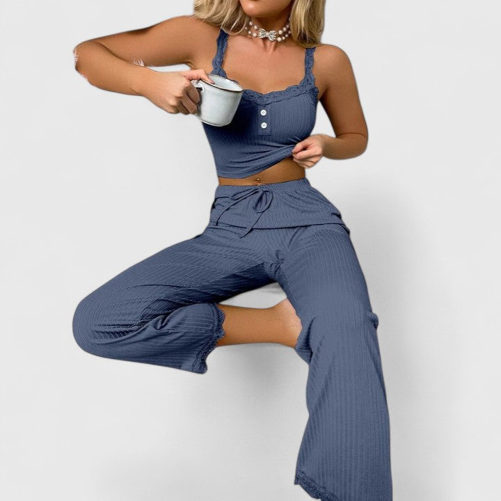 Damen Pyjama-Set Gerippt mit Spitzenbesatz
