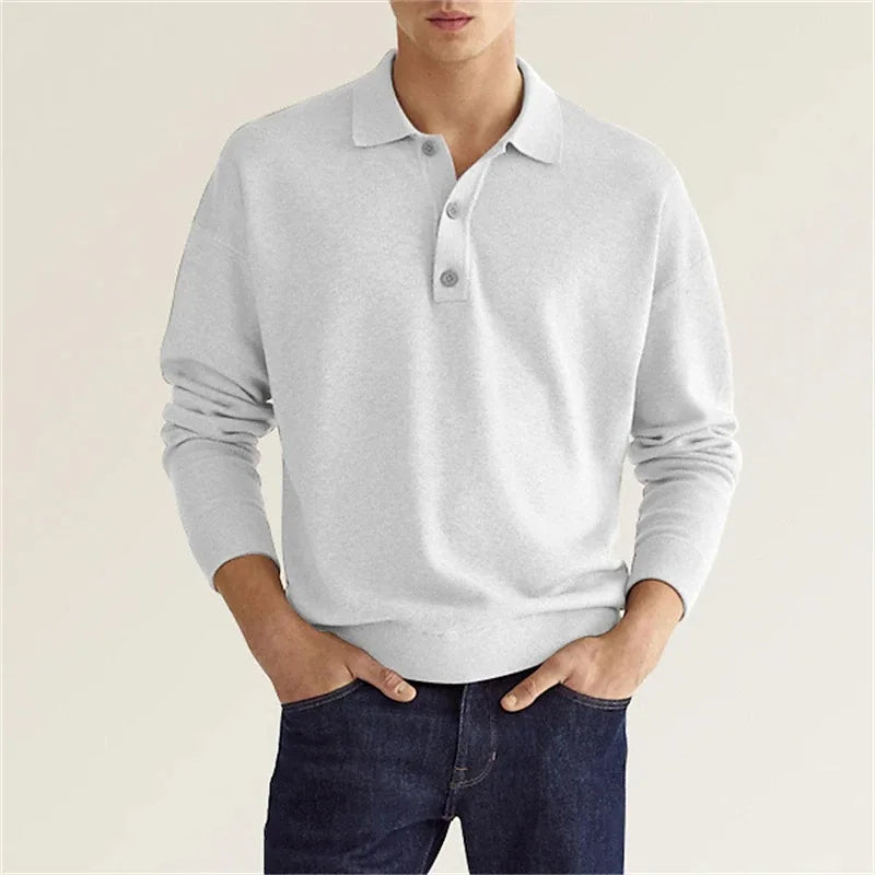 Herren Poloshirt Langarm Baumwolle Weiß