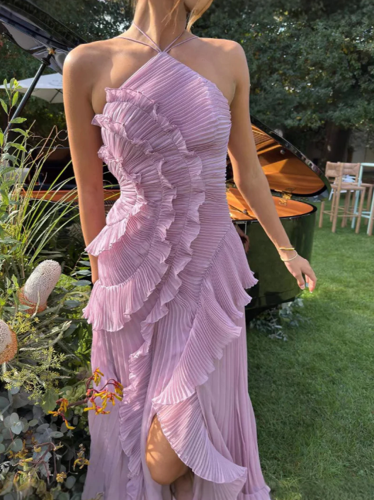 Damen Midikleid Rüschen Neckholder Gefaltet