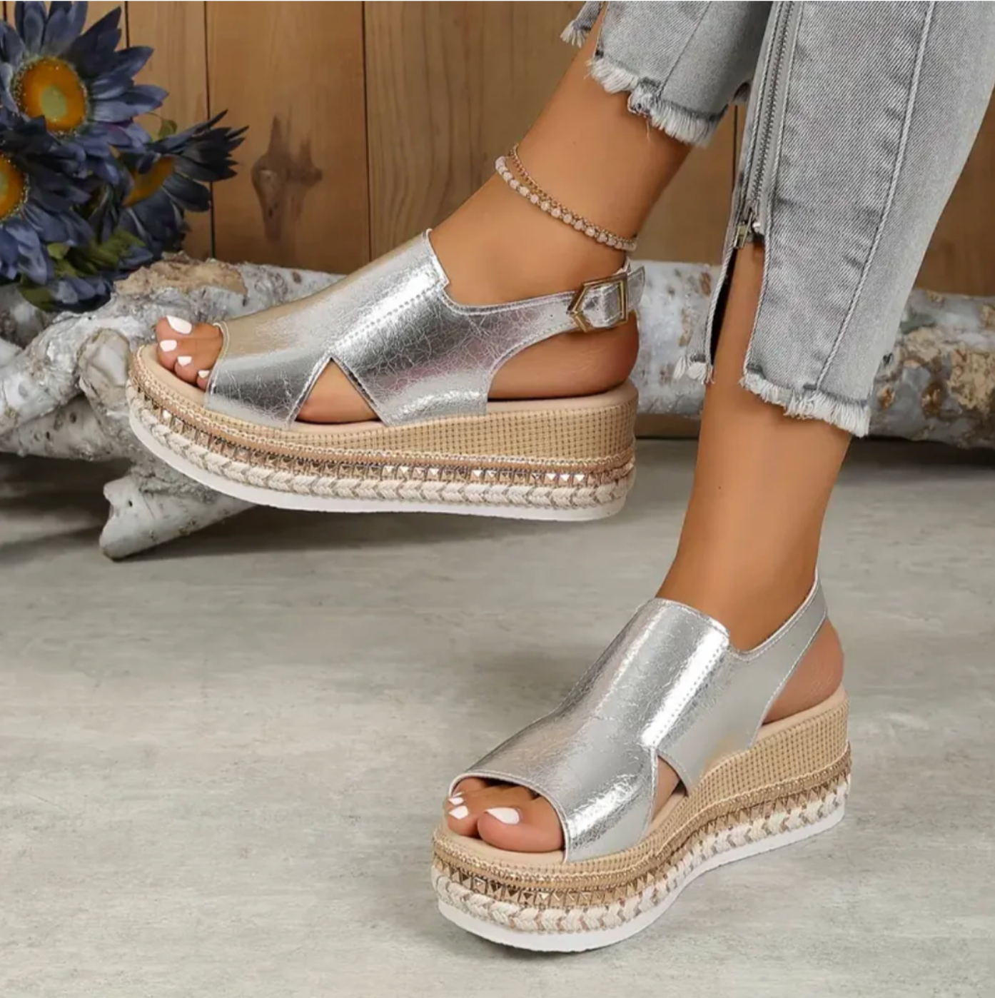Damen Plateau Keilsandalen Leder Beige