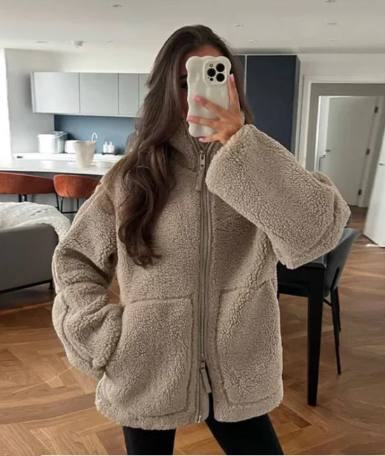 Damen Oversized Fleecejacke Reißverschluss Hochkragen
