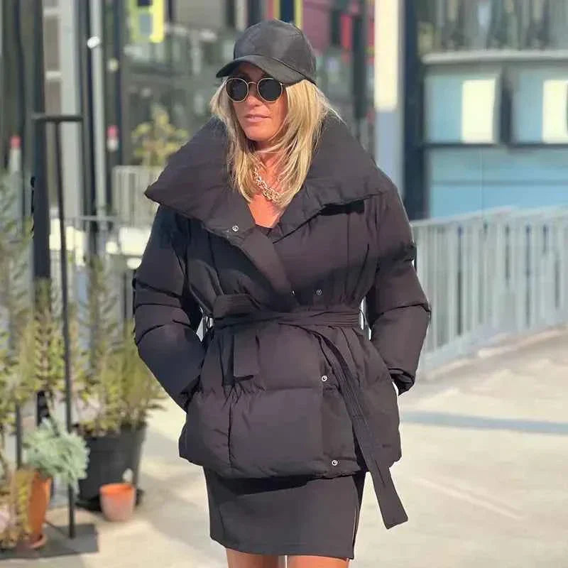 Damen Winterpufferjacke mit Gürtel und dicker Wattierung