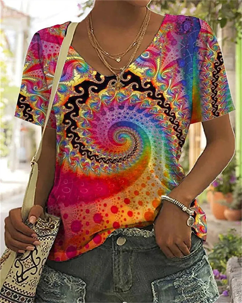 Damen Sommerbluse Boho Spiralprint V-Ausschnitt Kurzarm Leicht - Eveloria