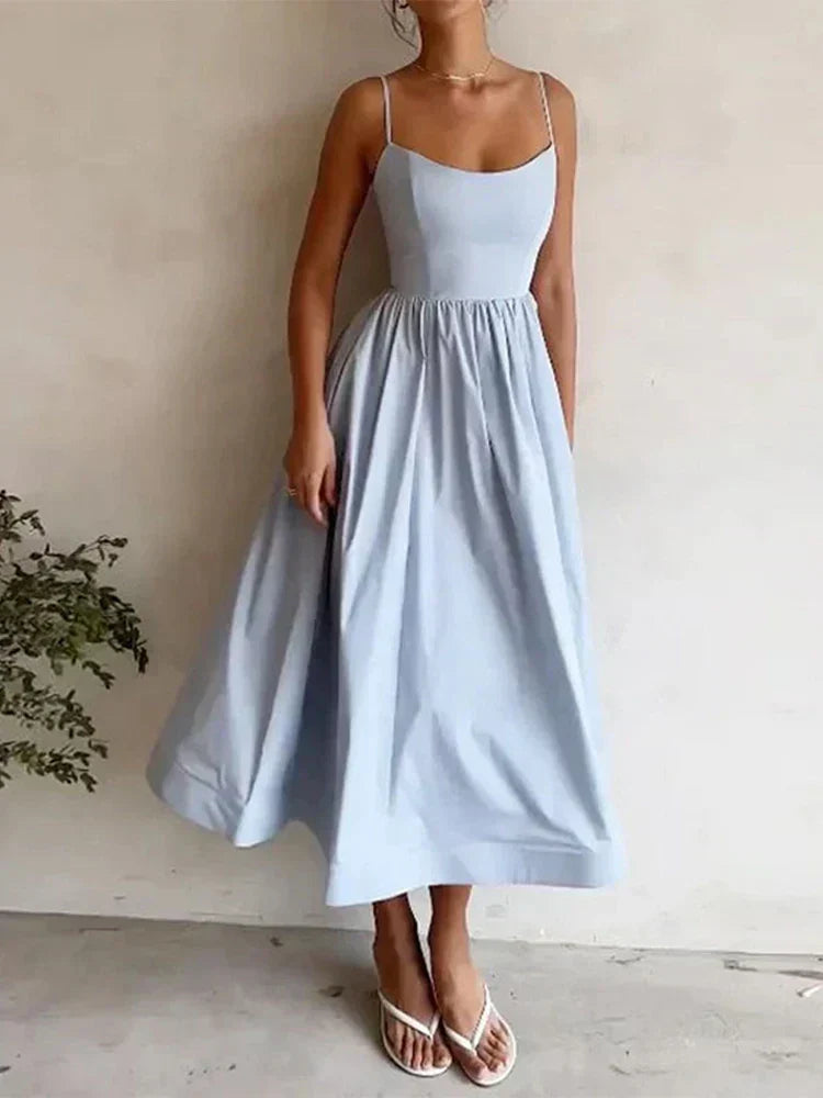 Damen A-Linien Kleid Spaghettiträger Midi