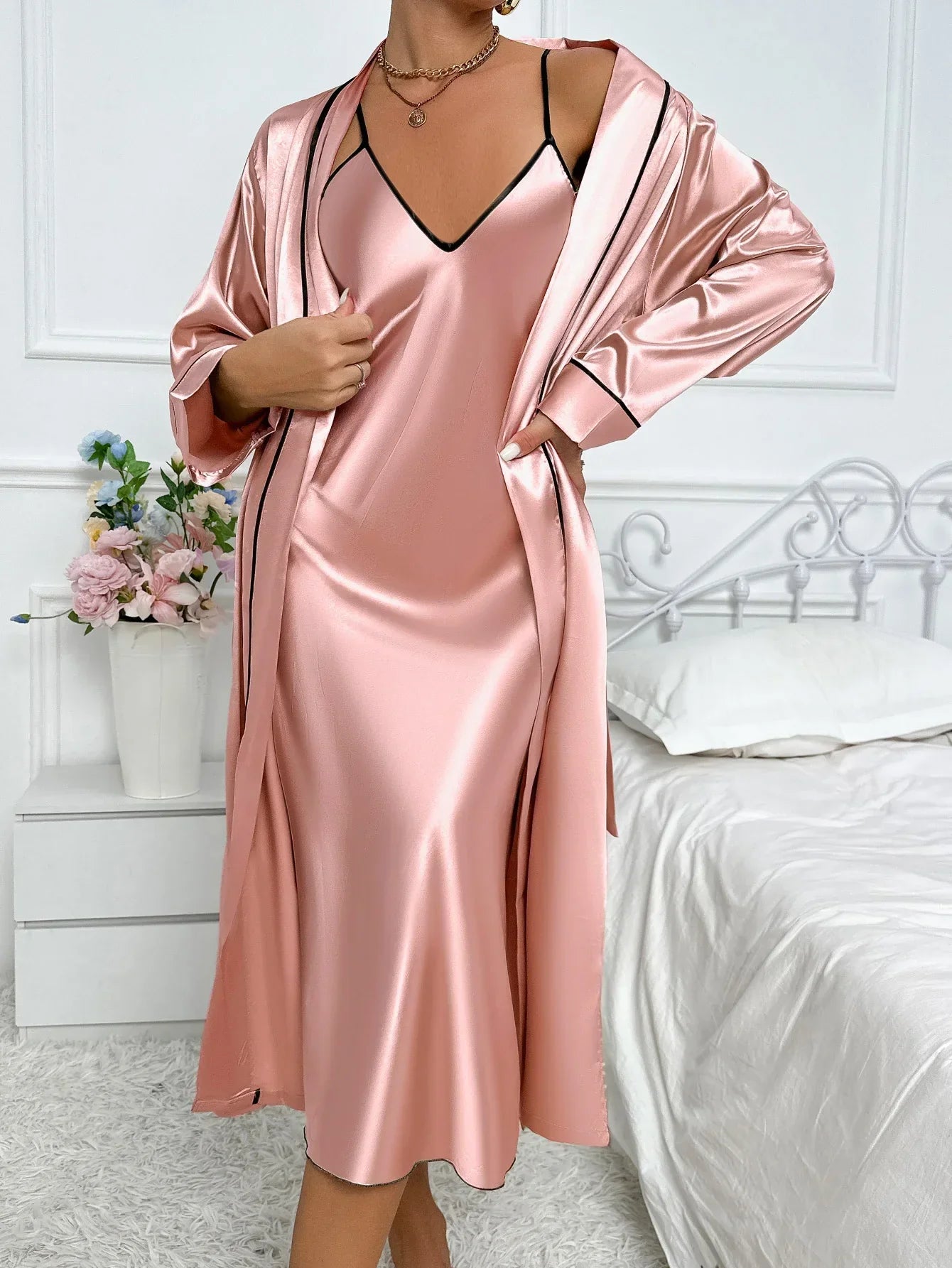 Damen Pyjama Set Langarm Morgenmantel Ärmelloses Kleid