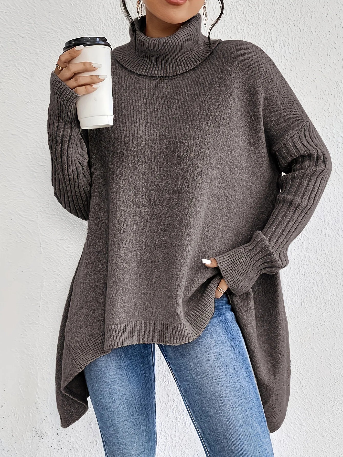 Damen Oversized Winterpullover Hochkragen Gemütlich