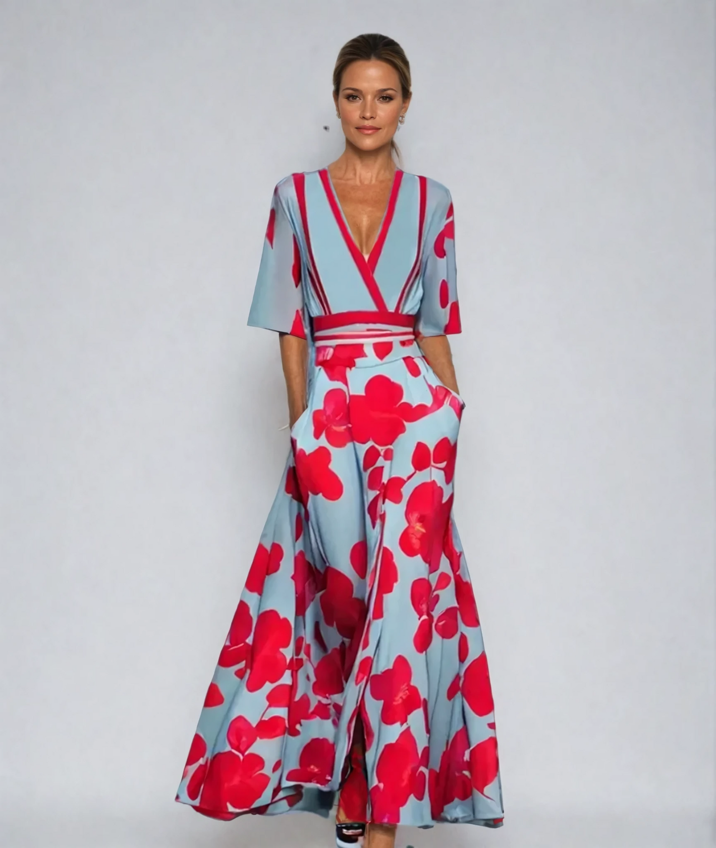 Damen Blumenmuster Maxikleid V-Ausschnitt