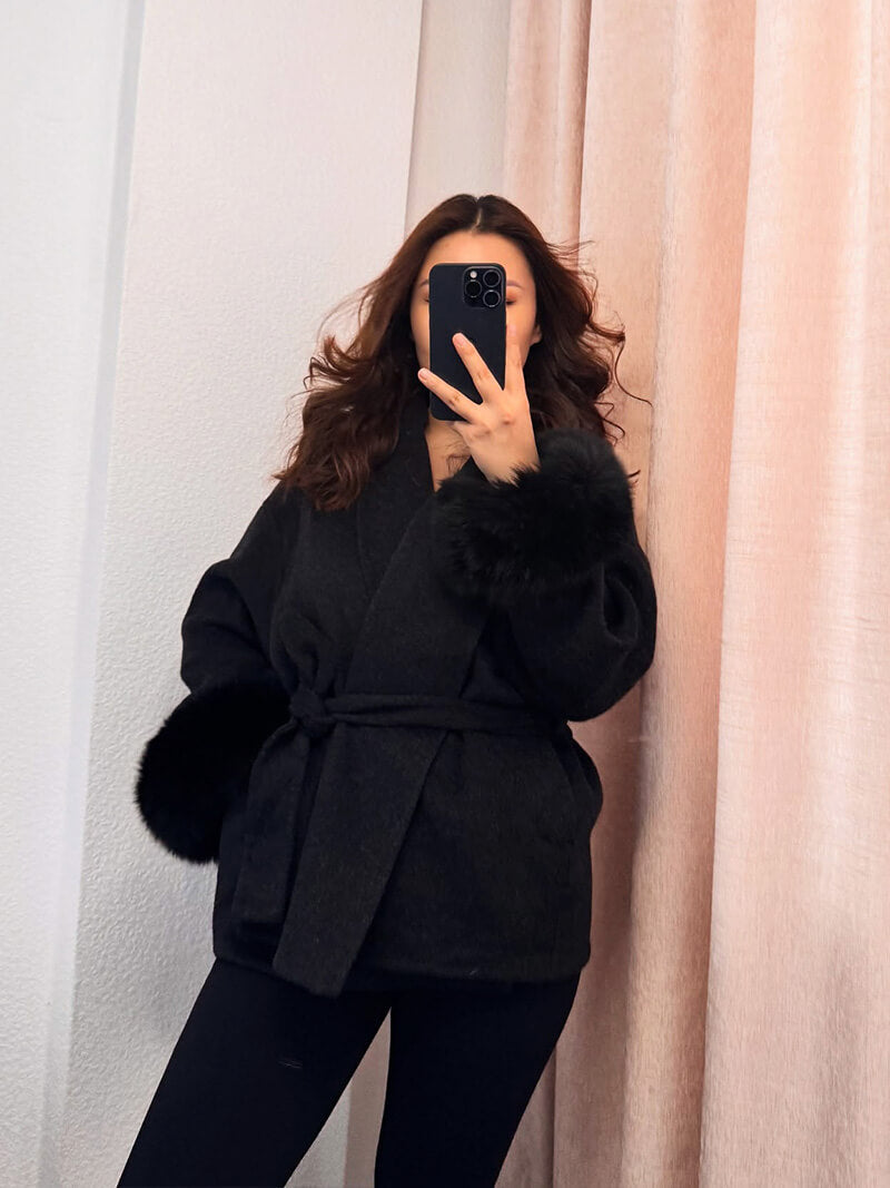 Damen Wickelmantel Fellärmel Warm