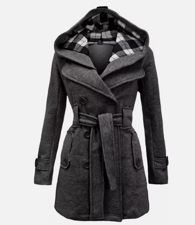 Damen Trenchcoat Zweireihig Kapuze Gürtel