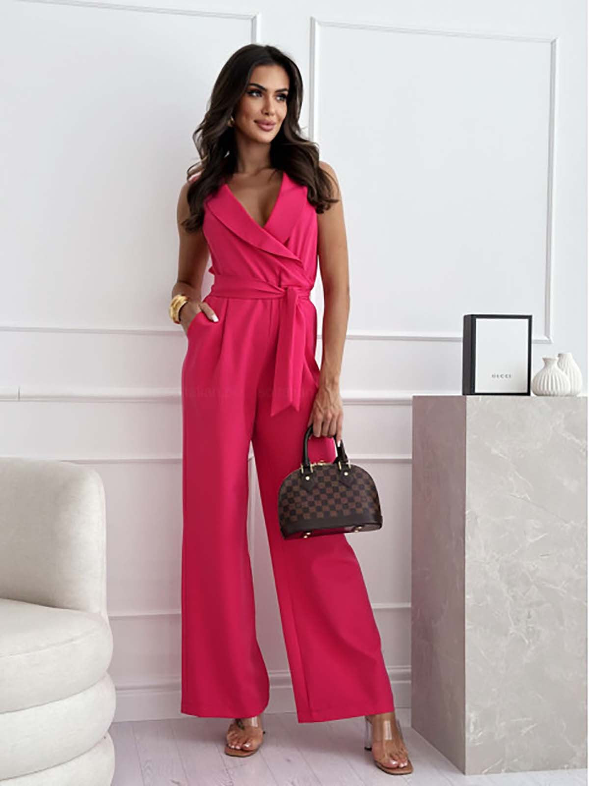 Damen Jumpsuit Ärmellos Reverskragen Weites Bein Mit Bindegürtel