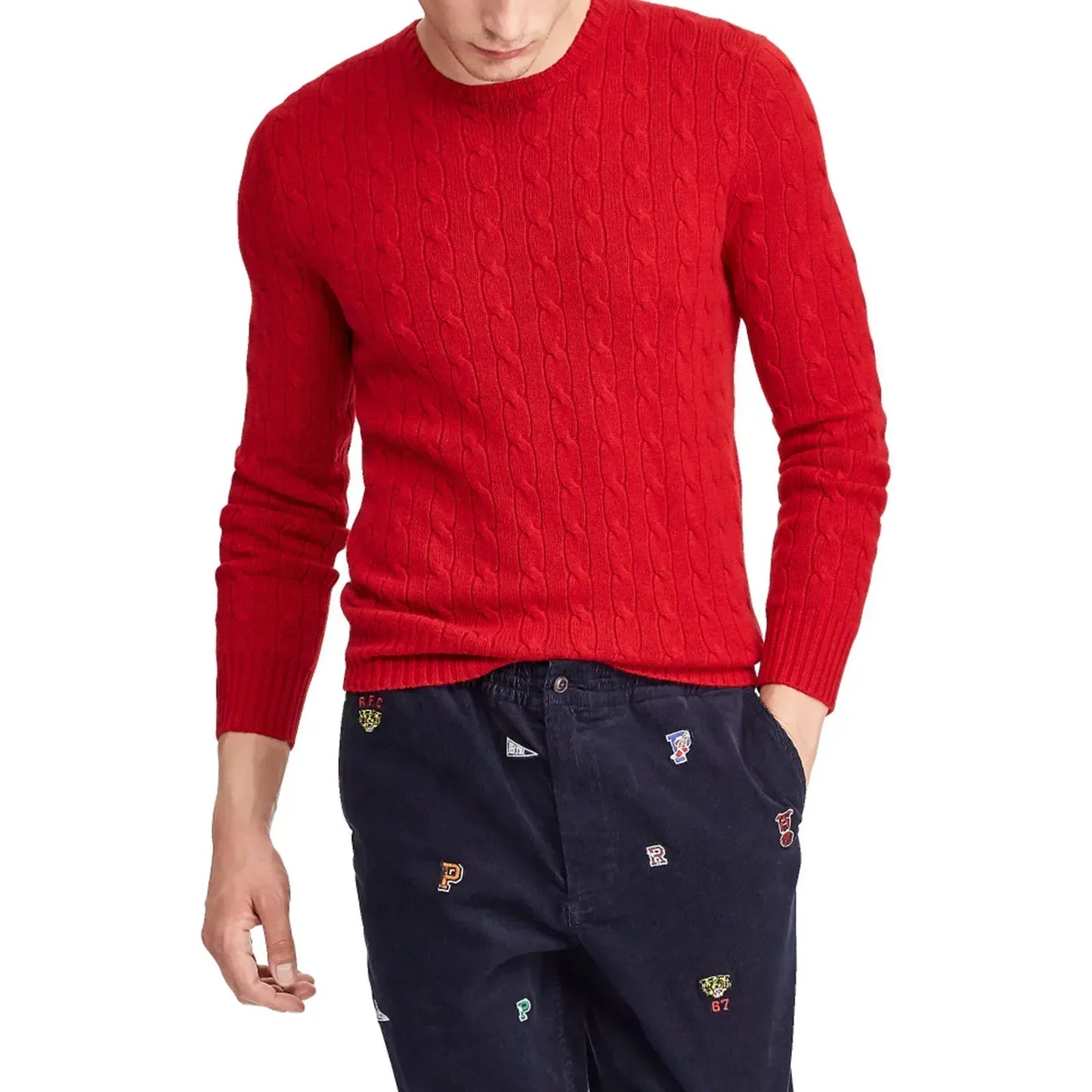 Strickpullover – Zopfmuster – Rundhalsausschnitt – Pullover – Herrenpullover-Rot-M-Chaps Herrenmode