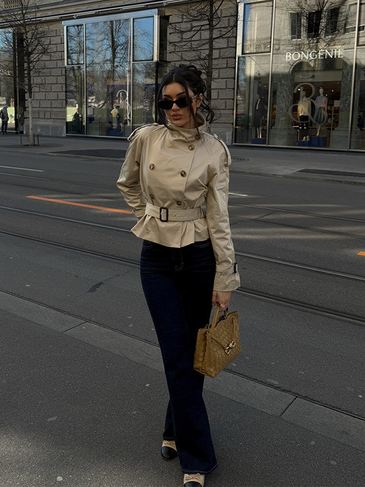 Damen Winterjacke Trench-Stil Gürtel Doppelreihe