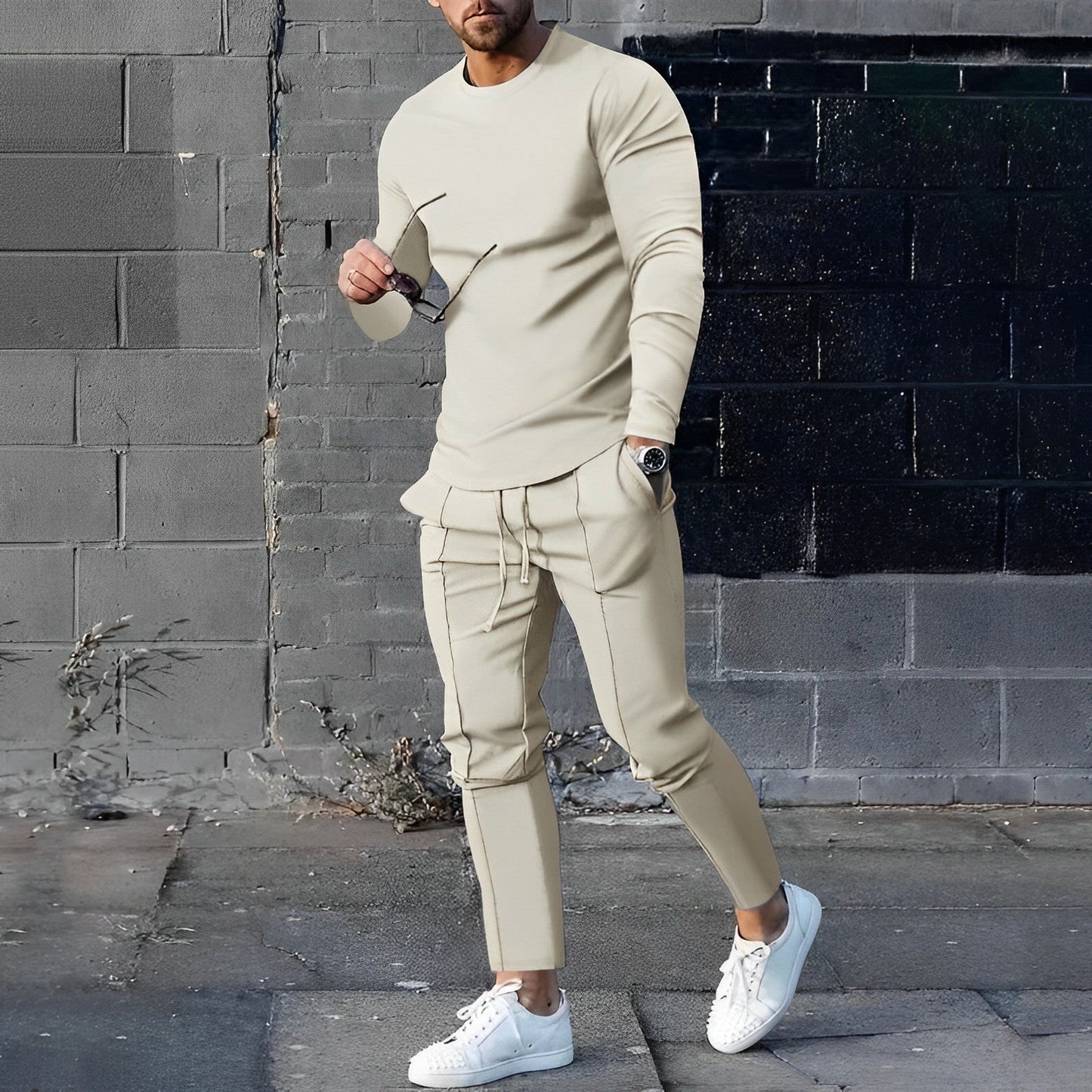 Sweatshirt- und Jogginghosen-Set – Lässiges zweiteiliges Set für Männer-Beige-S-Chaps Herrenmode