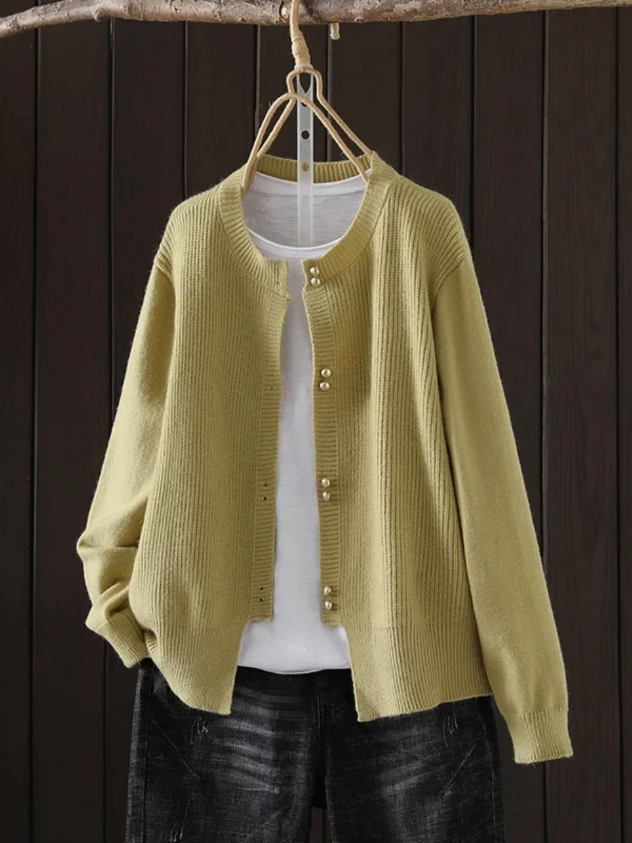 Damen Strickjacke Perlenknöpfe Elegantes Design Beige
