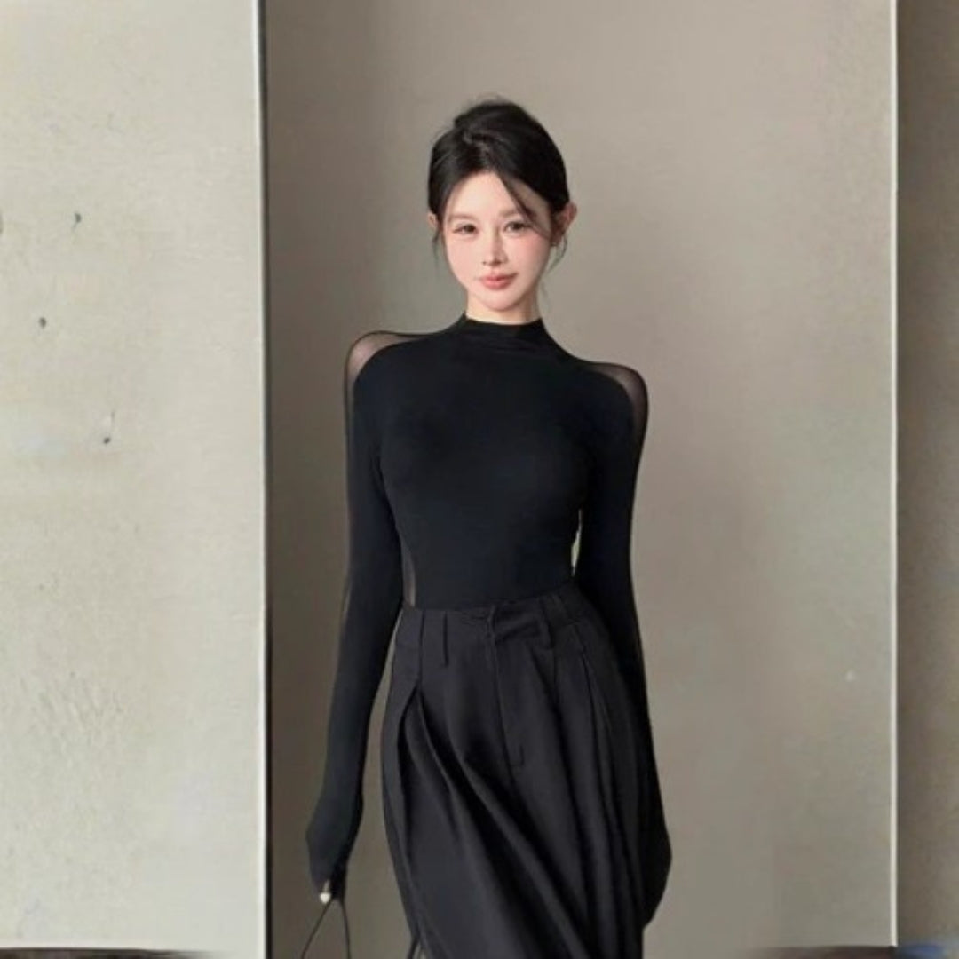 Damen T-Shirt aus Mesh mit Ärmeln Stylisch Schwarz - Eveloria