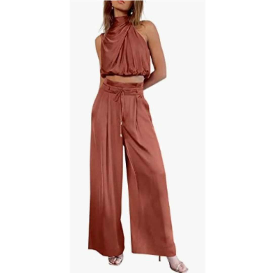 Damen Crop- und Weite Hose Zweiteiliges Set