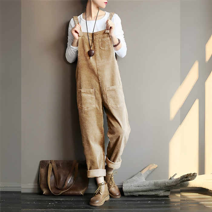 Damen Samt Latzhose Retro-Design Beige