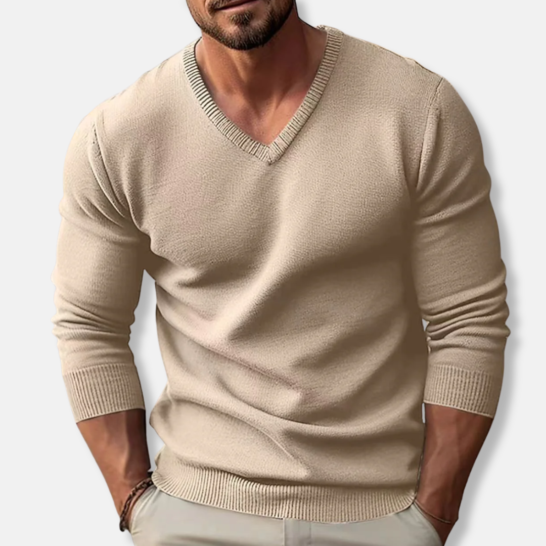 V-Ausschnitt-Pullover – Klassisch – Einfarbig – Strickpullover – Herrenpullover-Cremefarben-S-Chaps Herrenmode