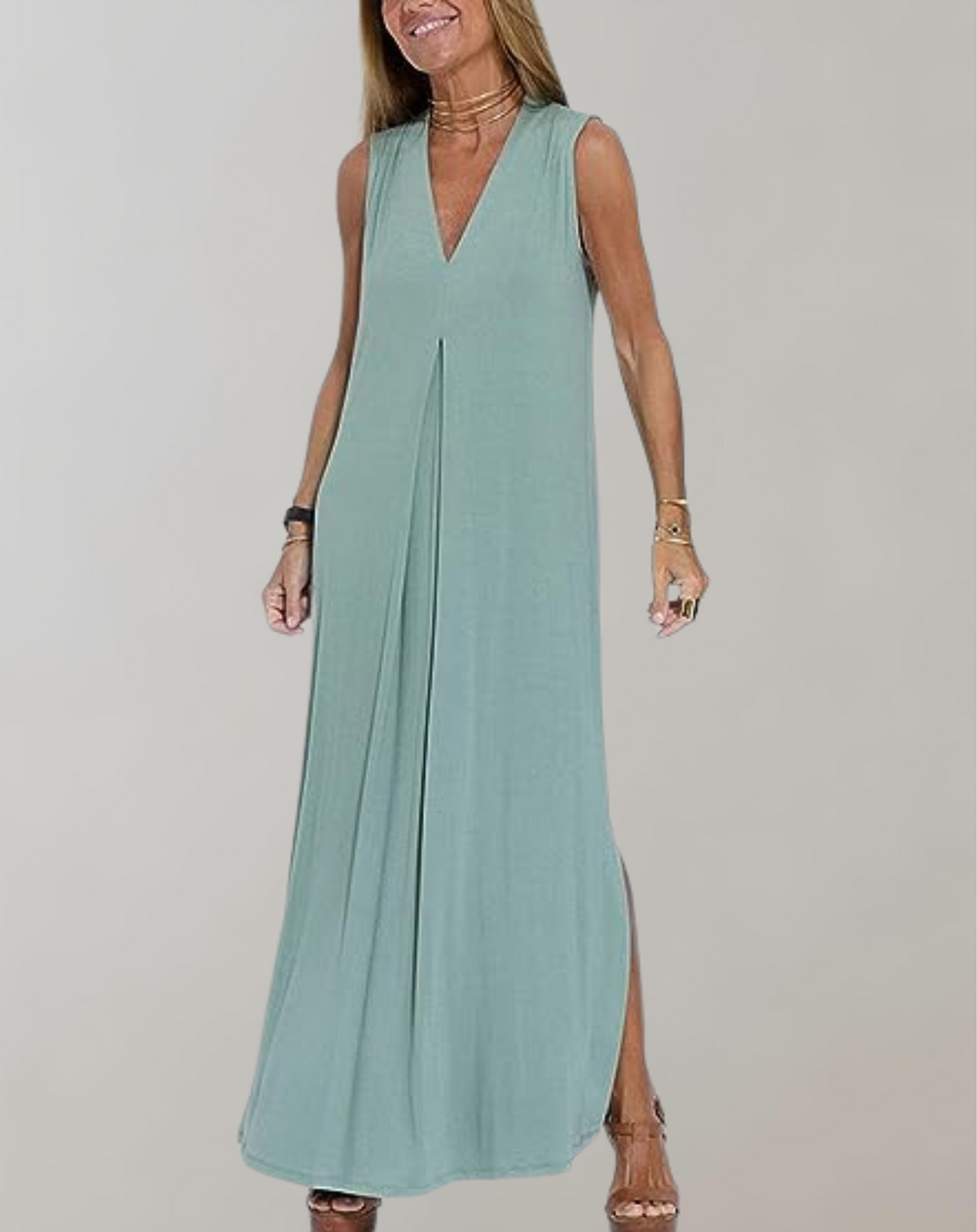 Damen Ärmelloses Maxikleid V-Ausschnitt Sommer