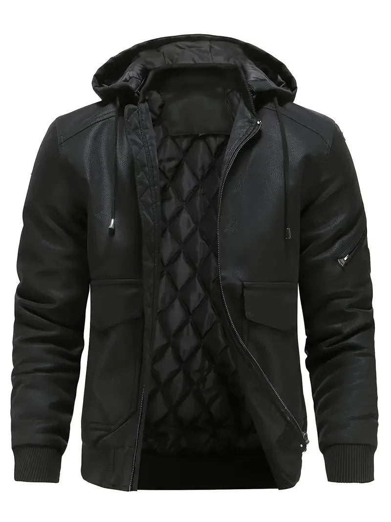 Winter-Lederjacke – winddichte PU-Lederjacke mit Kapuze und gestepptem Innenfutter für Herren-Schwarz-XS-Chaps Herrenmode
