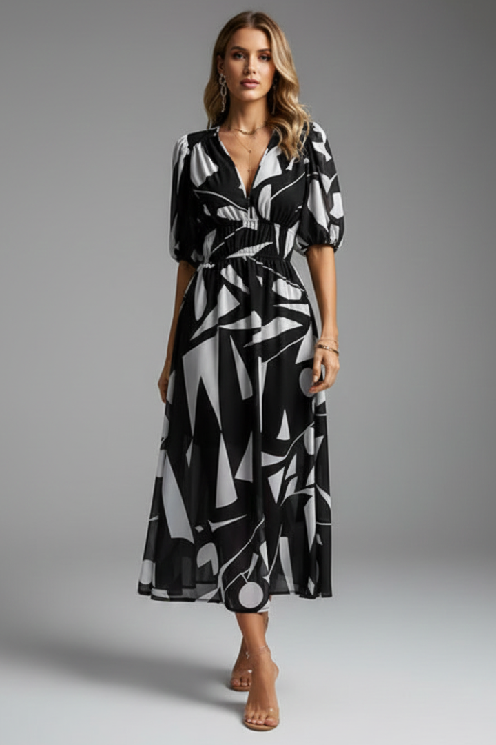 Damen Blumenkleid Midikleid Puffärmel