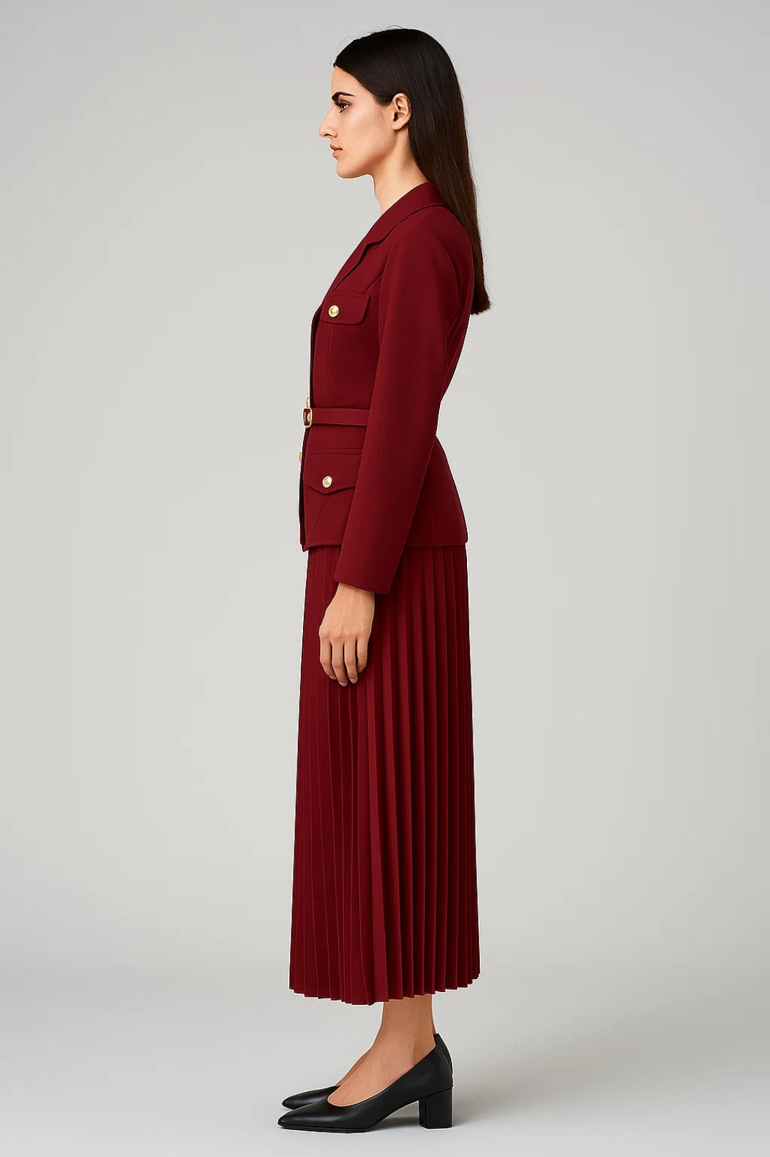 Damen Zweireihiger Blazer Set Faltenrock
