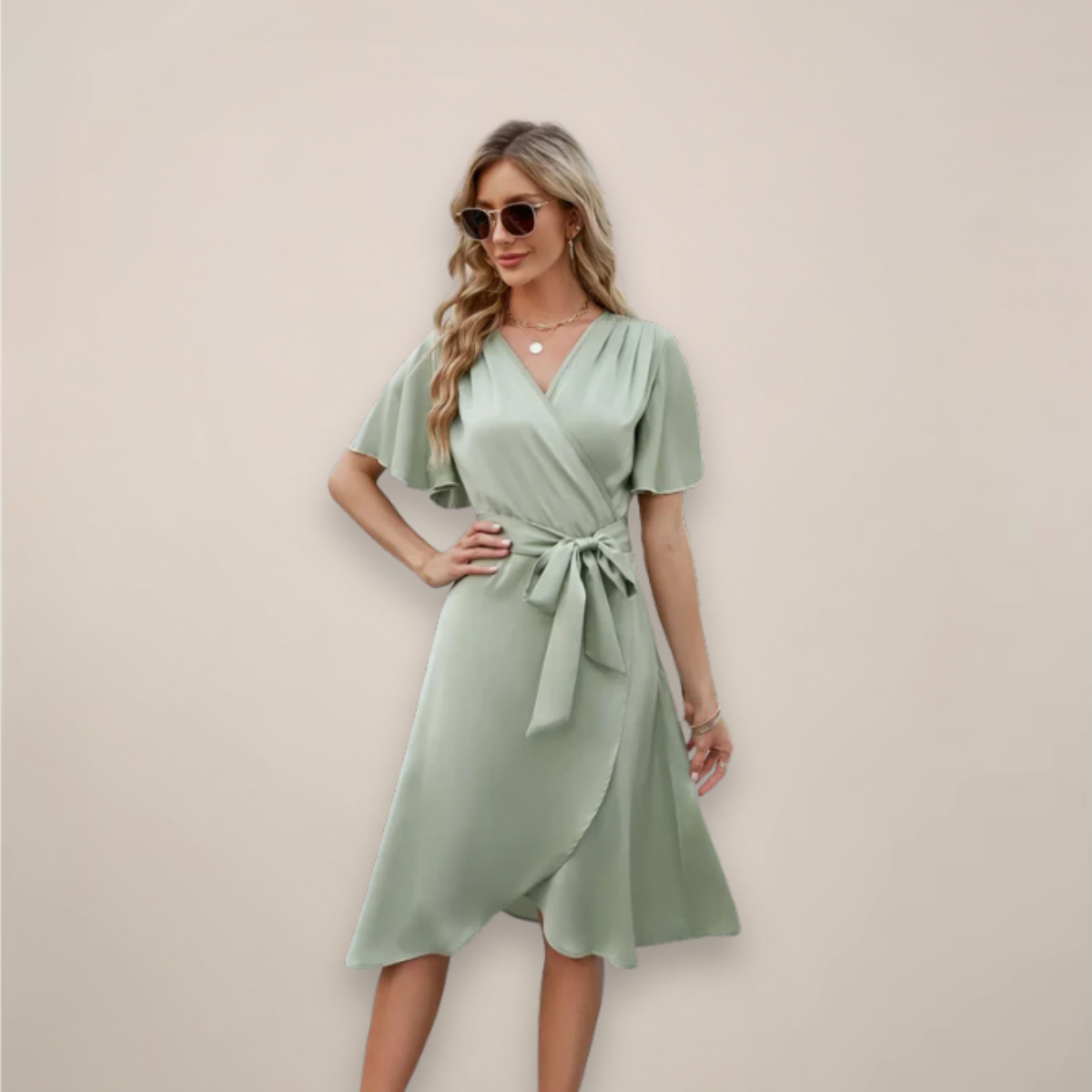 Damen Midi-Kleid Wickelkleid mit Vorderknoten
