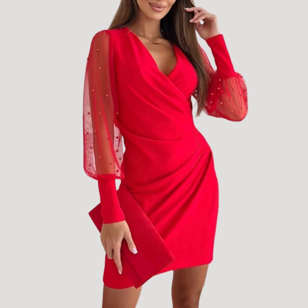 Damen Mini Wickelkleid Transparente Ärmel V-Ausschnitt
