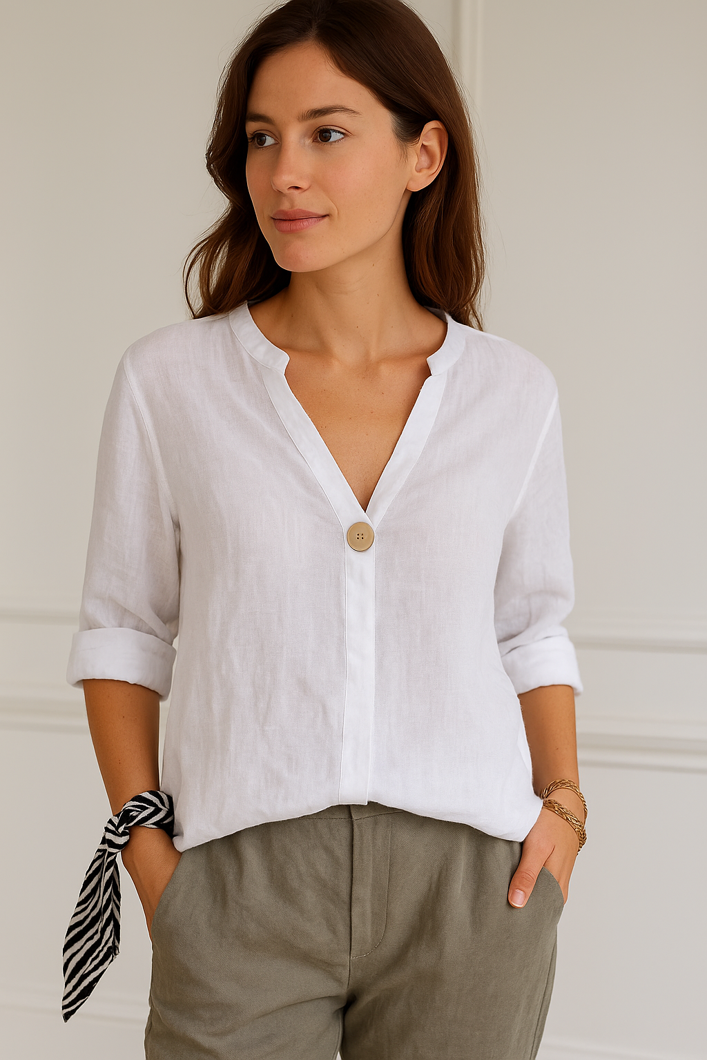 Damen Bluse V-Ausschnitt Knopfdetails Locker Sitzend