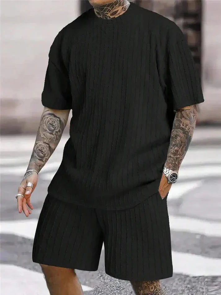 Zweiteiliges Set - Kurzärmeliges T-Shirt und Shorts für Männer im Sommer-Set-Schwarz-S-Chaps Herrenmode