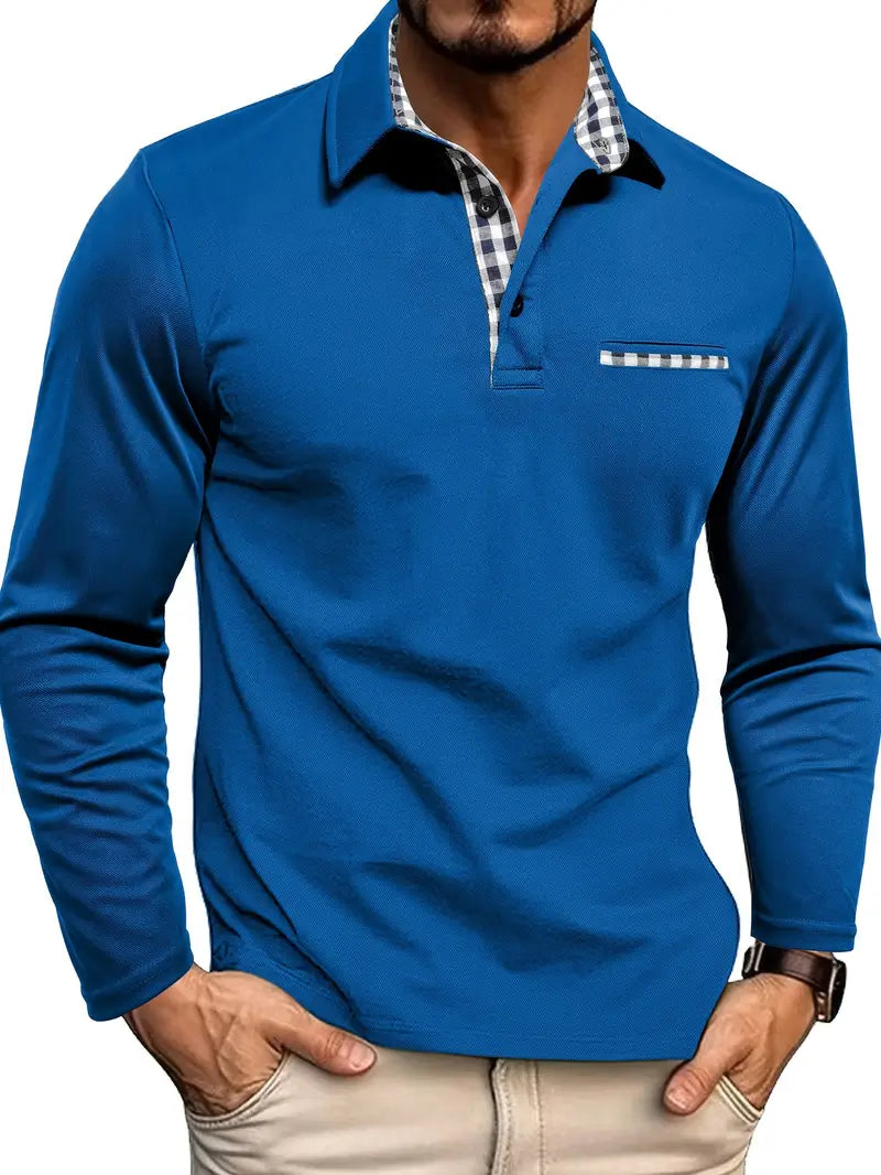 Herren Poloshirt Langarm Modernes Kontrastdesign Baumwolle Weiß