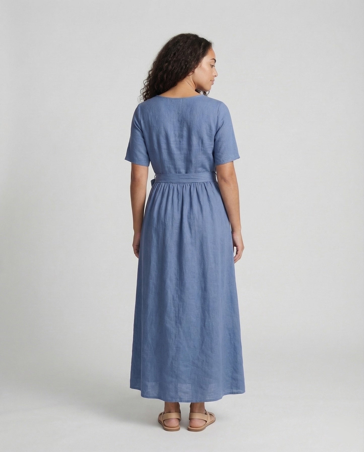 Damen Maxikleid Leinen mit Gürtel