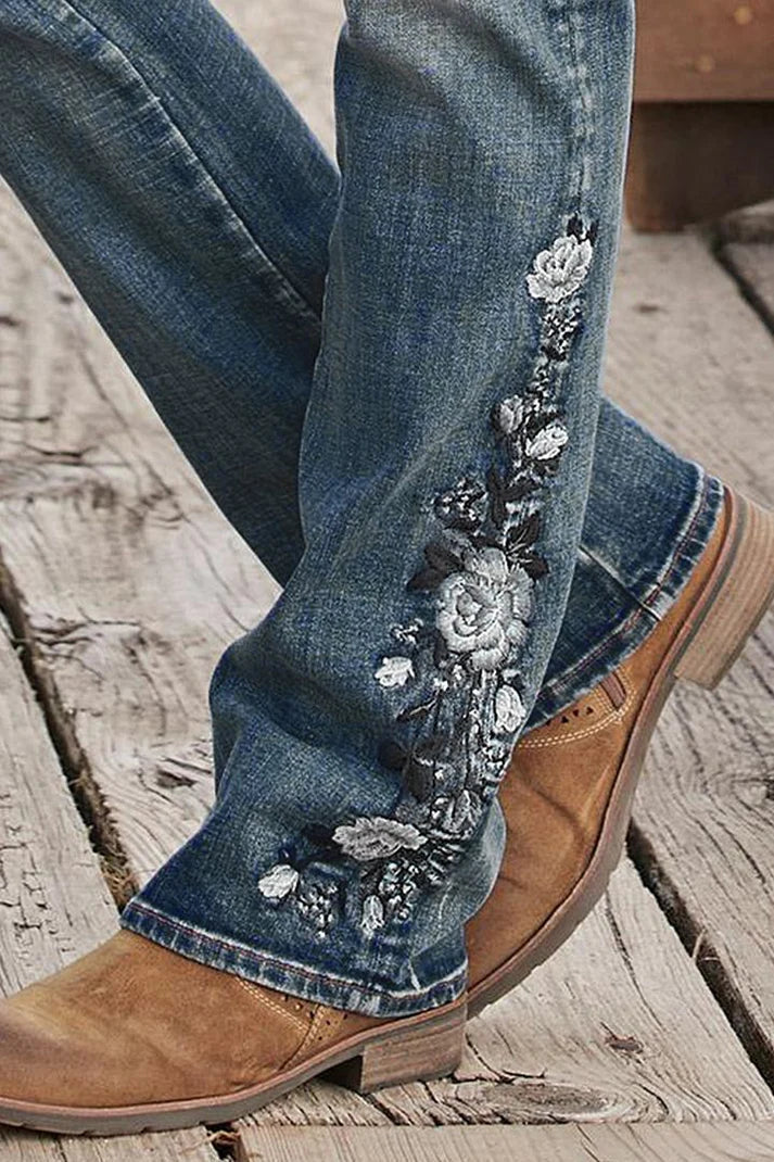 Eveloria Damen Mittel Taille Jeans Flamingo Bestickt