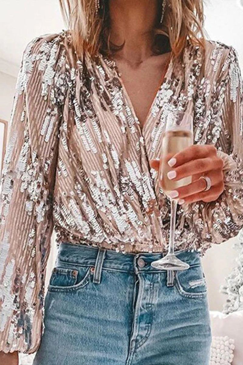 Tinky Damen Partybluse V-Ausschnitt Puffärmel Glitzer Lurex Effekt