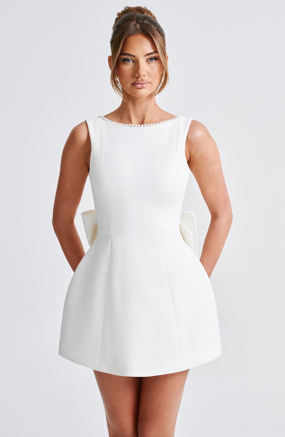 Damen Elegantes Kurzkleid Rückenausschnitt Schleife Festlich