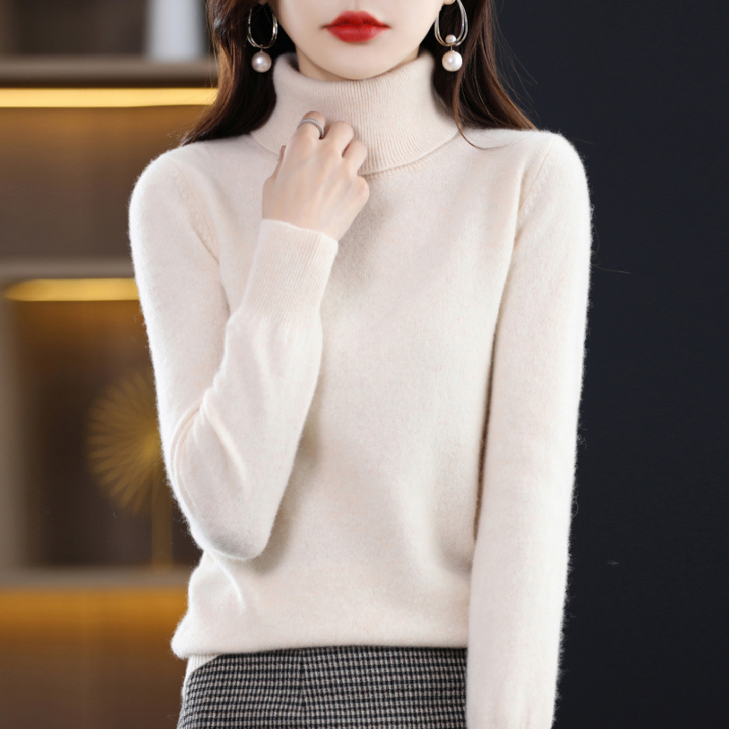 Damen Rollkragenpullover Klassisch Weich Beige